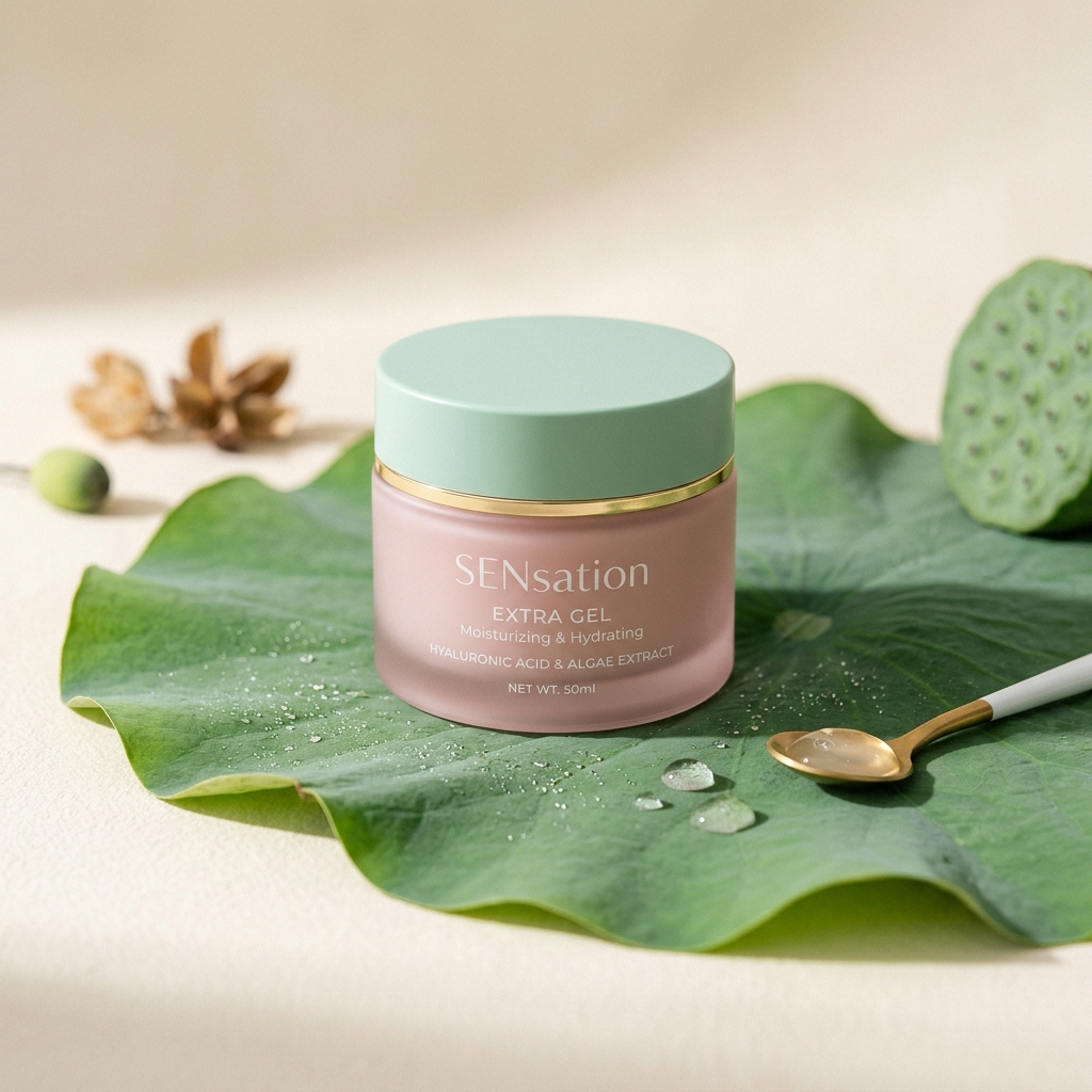 SENsation Extra Gel packaging Mockup in soft pink and sage green, sitting on a realistic lotus leaf background